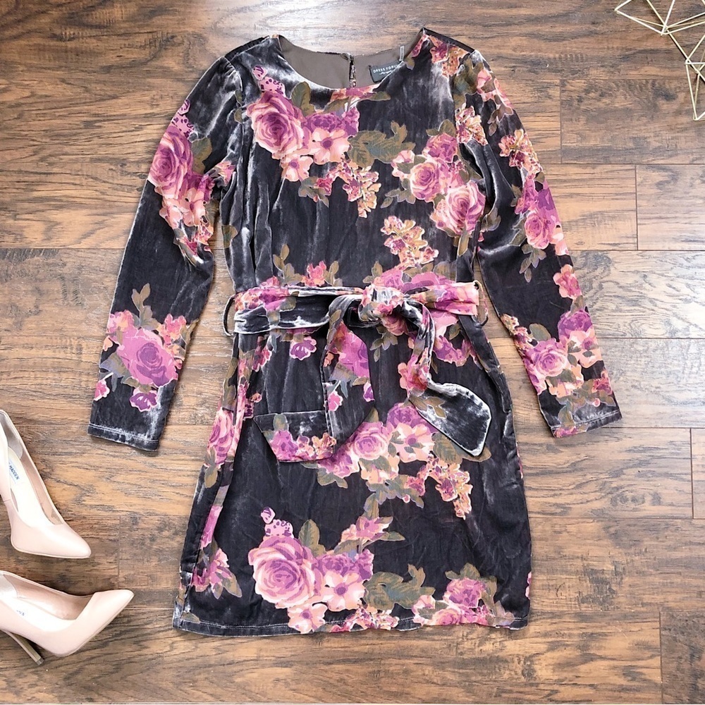 Dress Forum • velvet floral shift dress grey burnout rose pink long sleeve mini
